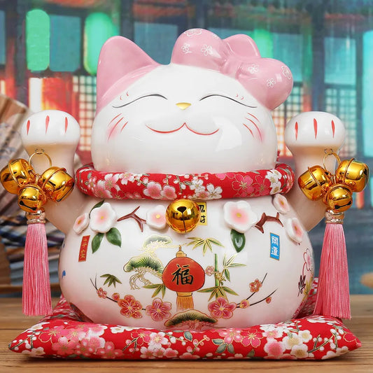 Japanese Maneki Neko Lucky Cat Statue: Porcelain Pink Fortune Cat