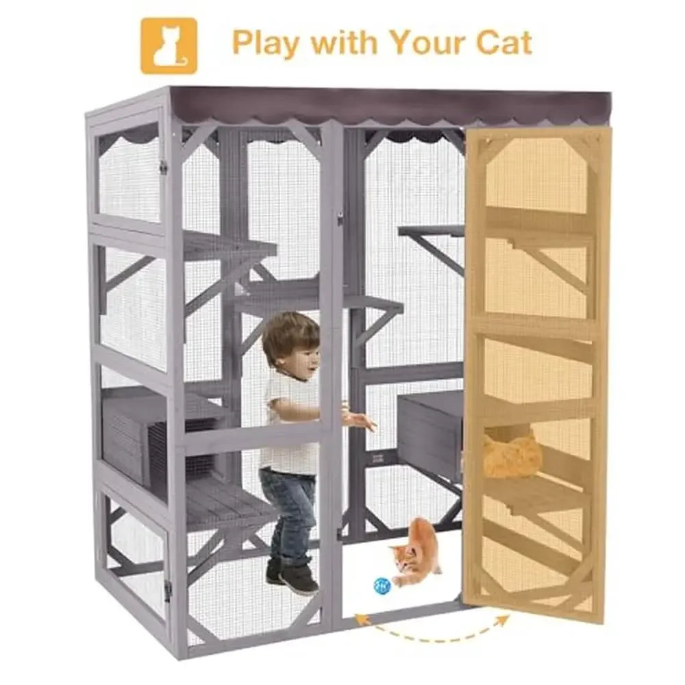 Outdoor Cat Enclosure: Wooden Catio with 7 Jumping Platforms & Weatherproof Roof