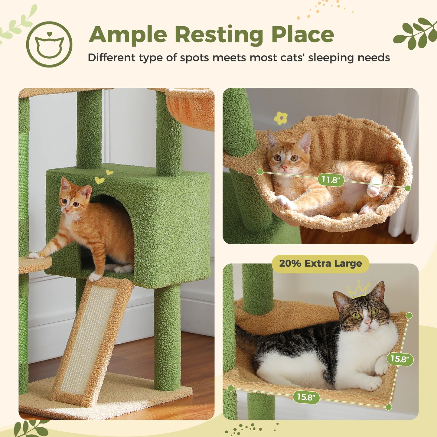 Adjustable Cactus Cat Tree Tower: Multi-Level Cat Tower with Condo & Hammock