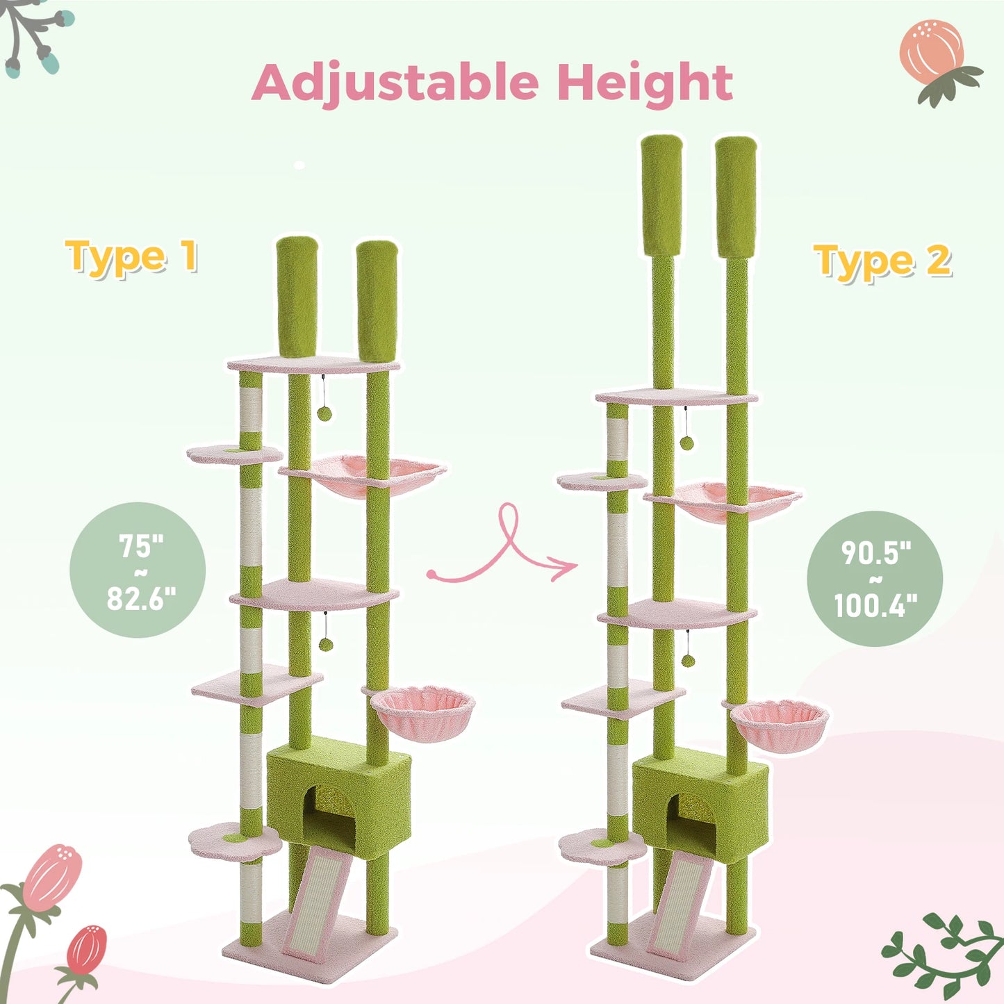 Adjustable Cactus Cat Tree Tower: Multi-Level Cat Tower with Condo & Hammock