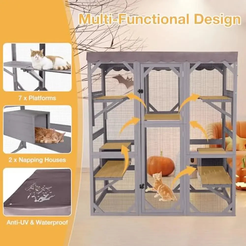 Outdoor Cat Enclosure: Wooden Catio with 7 Jumping Platforms & Weatherproof Roof