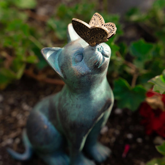 Curious Cat with Butterfly Garden Figurine: Outdoor Garden Decor